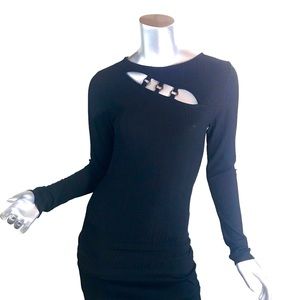 Red By BKE Black Long Sleeve Top Ribbed Fitted Cut Out Metal Detail Neckline